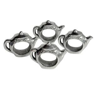 Pewter Teapot Napkin Rings Set 4 Made India 3.5" Solid Metal Silver Table Decor
